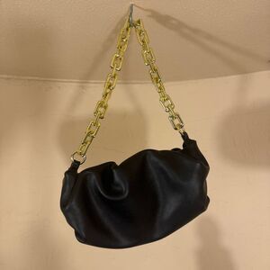 Chain Pouch Black Ruched Faux Leather Chain Shoulder Bag